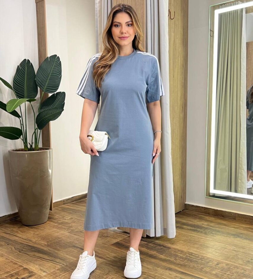 Vestido Midi Sophia Manga Curta sem Bojo com Fenda Cinza - Fernanda Ramos Store