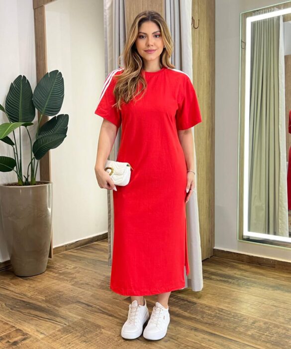 Vestido Midi Sophia Manga Curta sem Bojo com Fenda Vermelho - Fernanda Ramos Store