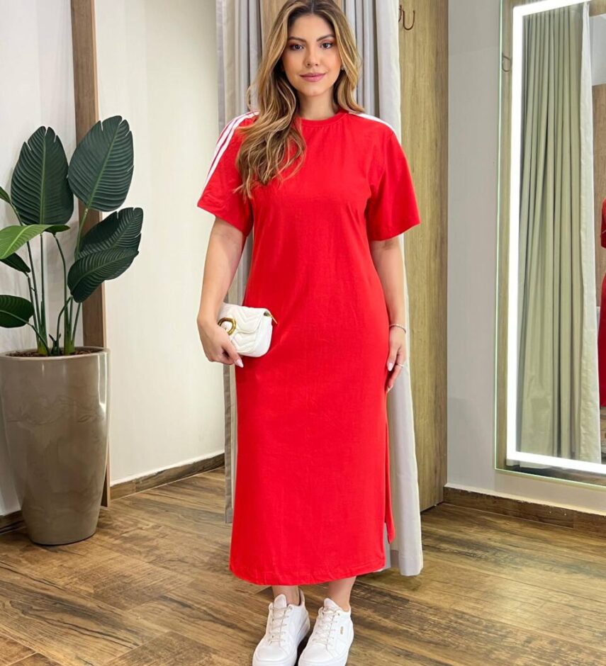 Vestido Midi Sophia Manga Curta sem Bojo com Fenda Vermelho - Fernanda Ramos Store