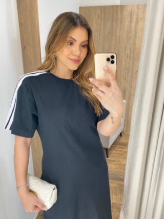 Vestido Midi Sophia Manga Curta sem Bojo com Fenda Preto - Fernanda Ramos Store