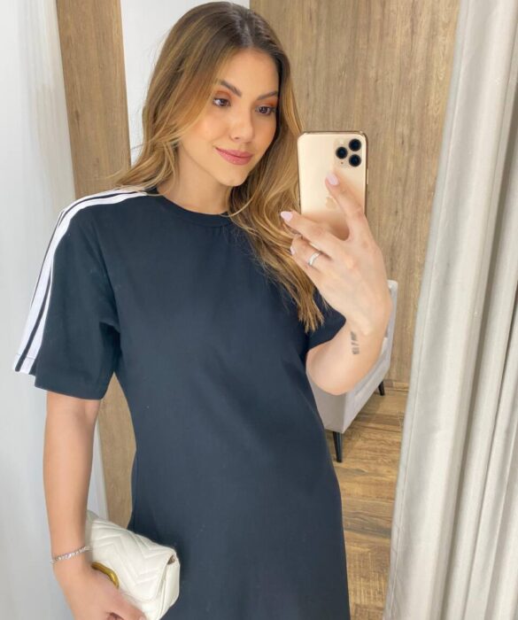 Vestido Midi Sophia Manga Curta sem Bojo com Fenda Preto - Fernanda Ramos Store