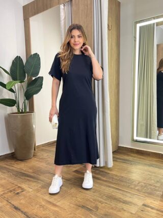 Vestido Midi Sophia Manga Curta sem Bojo com Fenda Preto - Fernanda Ramos Store