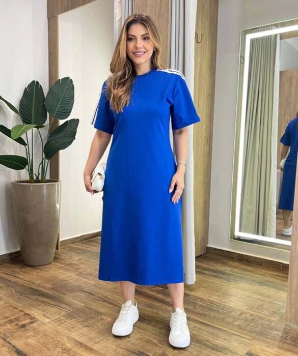 Vestido Midi Sophia Manga Curta sem Bojo com Fenda Azul - Fernanda Ramos Store