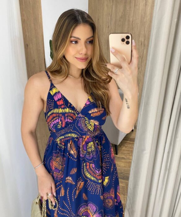 Vestido Midi Stella Viscolinho sem Bojo Azul Marinho Estampado - Fernanda Ramos Store