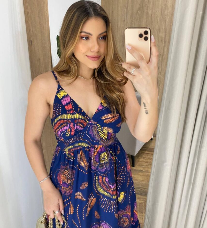 Vestido Midi Stella Viscolinho sem Bojo Azul Marinho Estampado - Fernanda Ramos Store