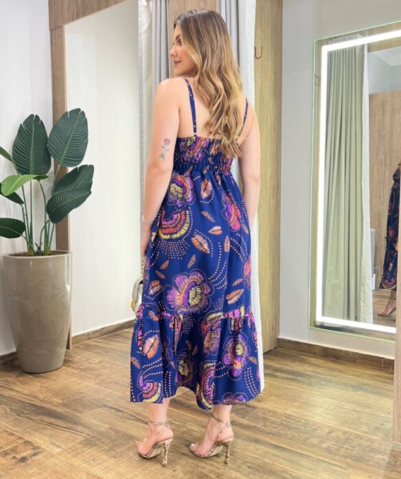 Vestido Midi Stella Viscolinho sem Bojo Azul Marinho Estampado - Fernanda Ramos Store