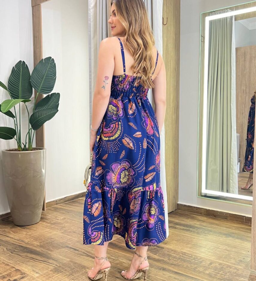Vestido Midi Stella Viscolinho sem Bojo Azul Marinho Estampado - Fernanda Ramos Store