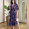 Vestido Midi Stella Viscolinho sem Bojo Manga 3/4 Azul Estampado - Fernanda Ramos Store