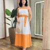 Vestido Midi Viscolinho Zoe Cru com Bojo e Amarração Detalhe Laranja - Fernanda Ramos Store