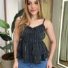 Blusa Bata Feminina Lana Alça Regulável sem Bojo Preta Listrada - Fernanda Ramos Store