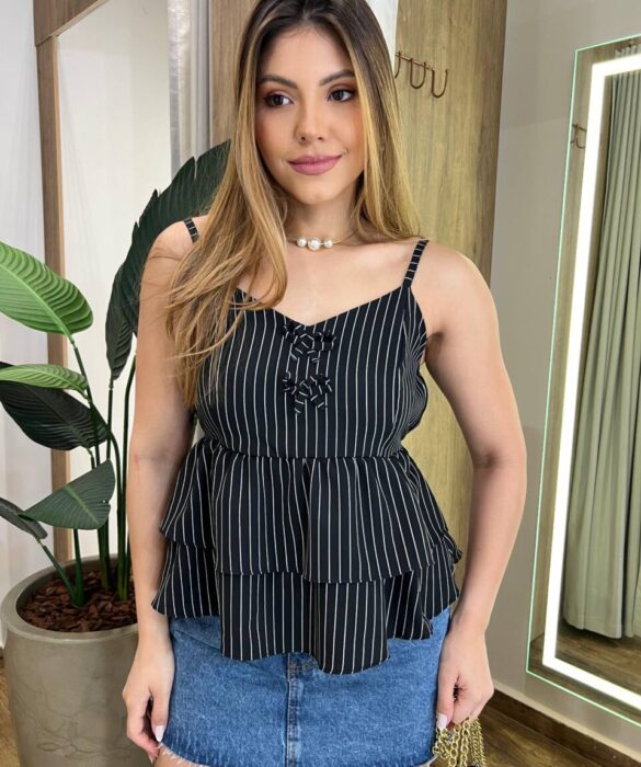 Blusa Bata Feminina Lana Alça Regulável sem Bojo Preta Listrada - Fernanda Ramos Store