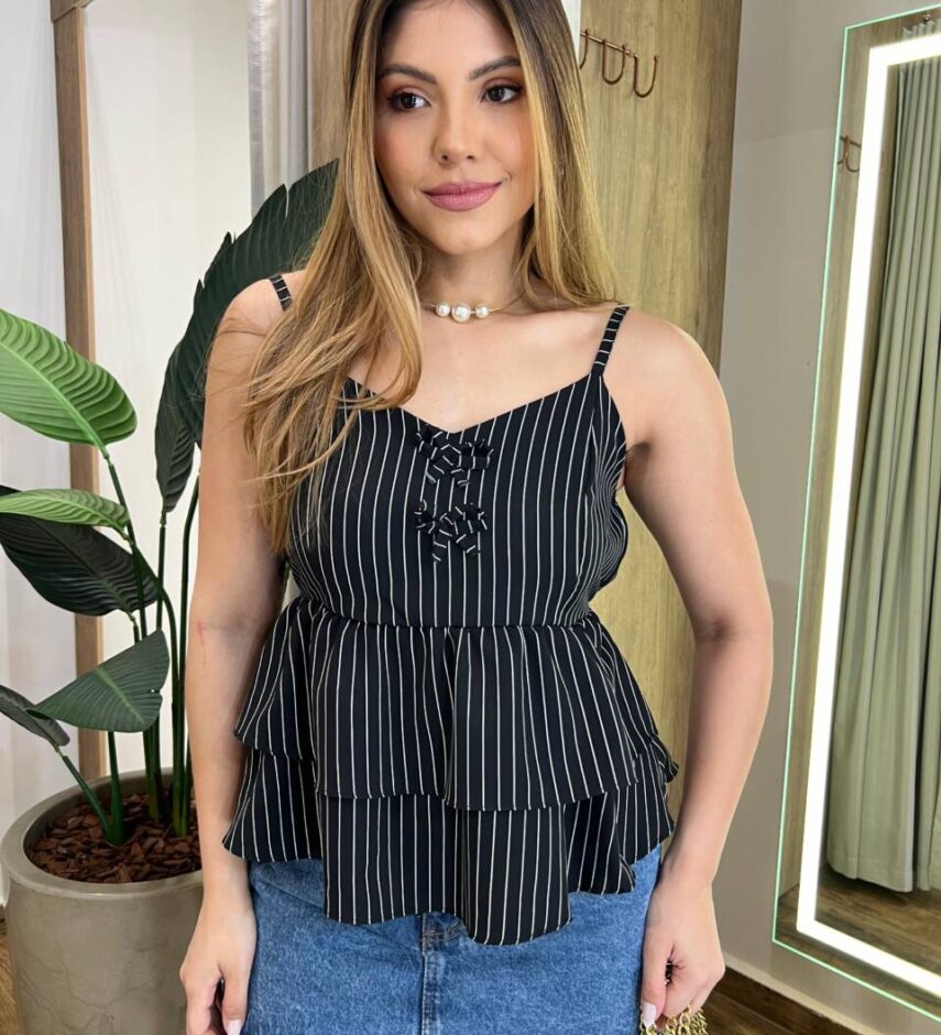 Blusa Bata Feminina Lana Alça Regulável sem Bojo Preta Listrada - Fernanda Ramos Store