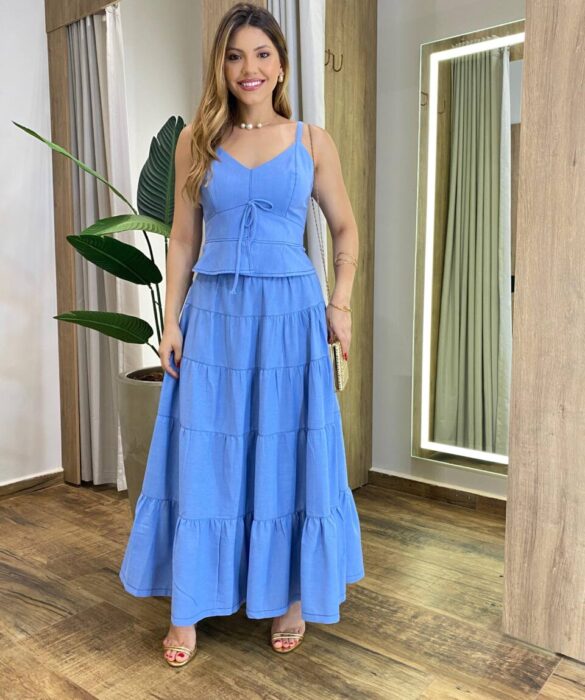 Conjunto Feminino Viscolinho Cropped sem Bojo e Saia Longa Azul - Fernanda Ramos Store