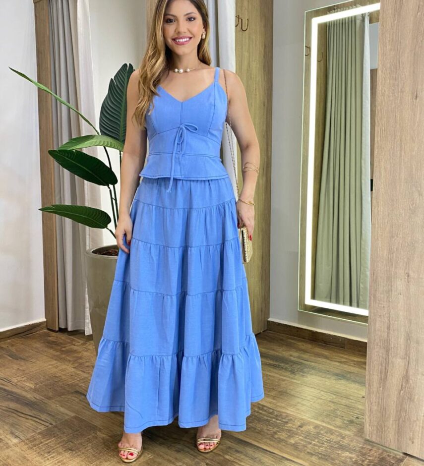 Conjunto Feminino Viscolinho Cropped sem Bojo e Saia Longa Azul - Fernanda Ramos Store