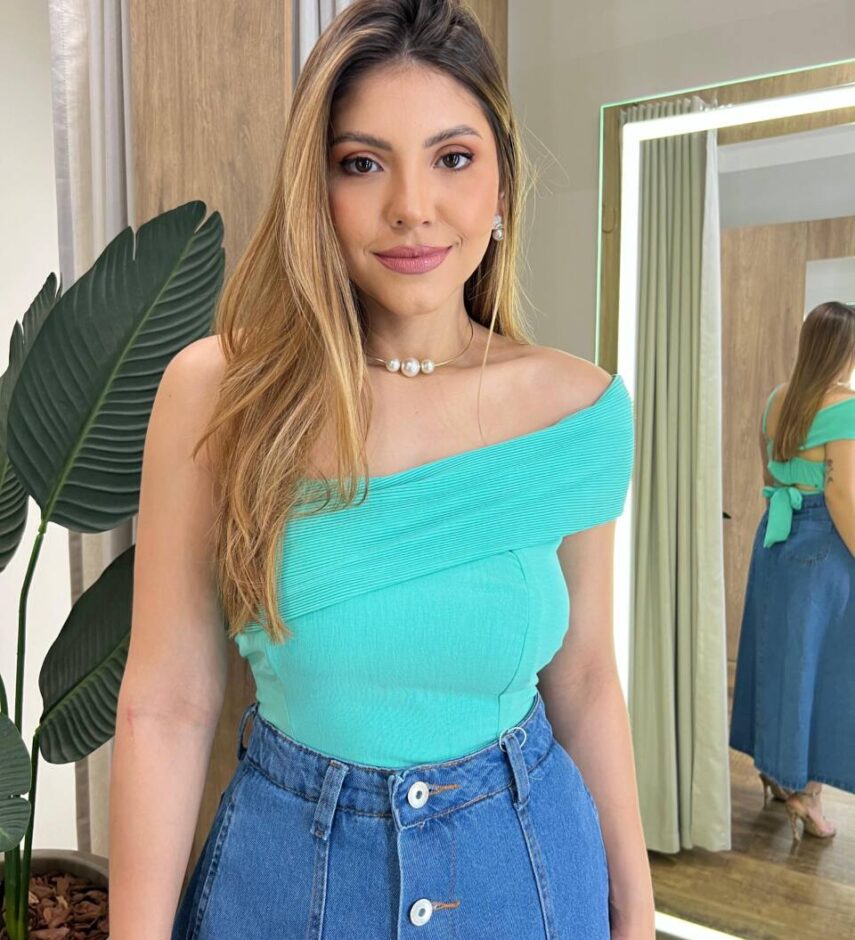 Cropped Feminino Ana sem Bojo com Detalhe Plissado Verde Água - Fernanda Ramos Store