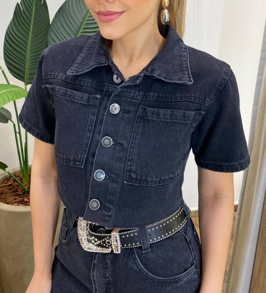 Cropped Feminino Carol Jeans Manga Curta com Botões Preto 1099P - Fernanda Ramos Store
