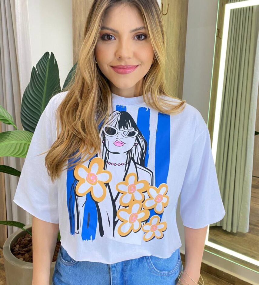 Cropped Feminino Manga Curta Alana Estampado Branco - Fernanda Ramos Store