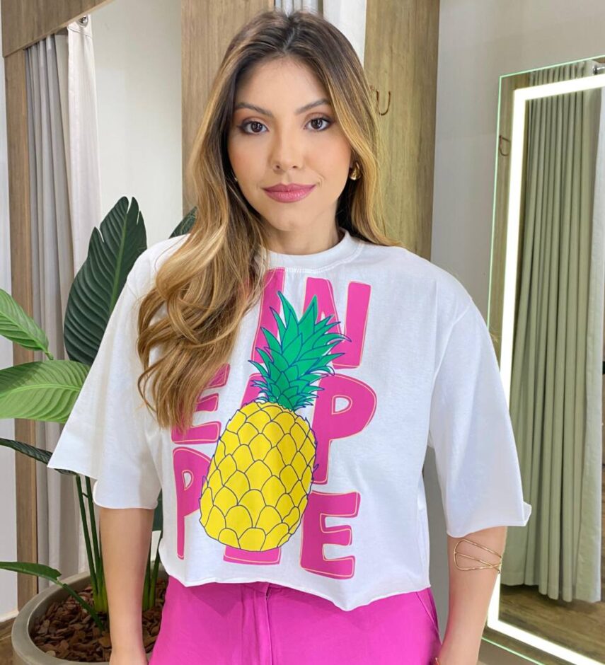Cropped Feminino Manga Curta Aurora Estampado Branco - Fernanda Ramos Store