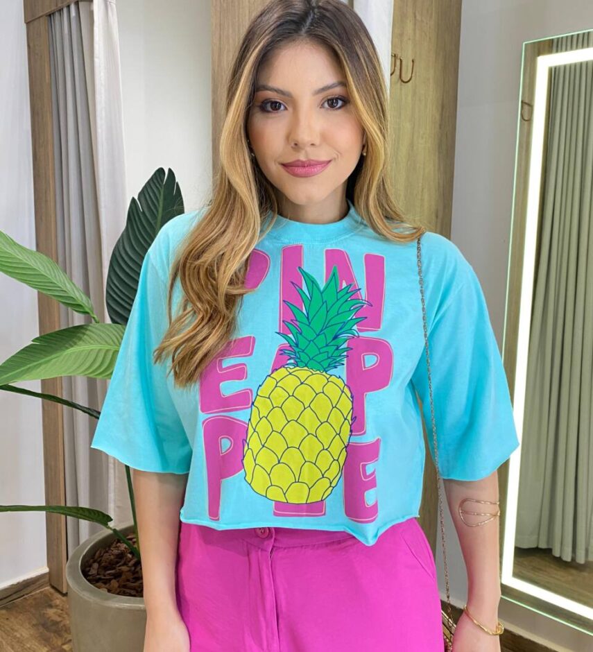 Cropped Feminino Manga Curta Aurora Estampado Verde Água - Fernanda Ramos Store
