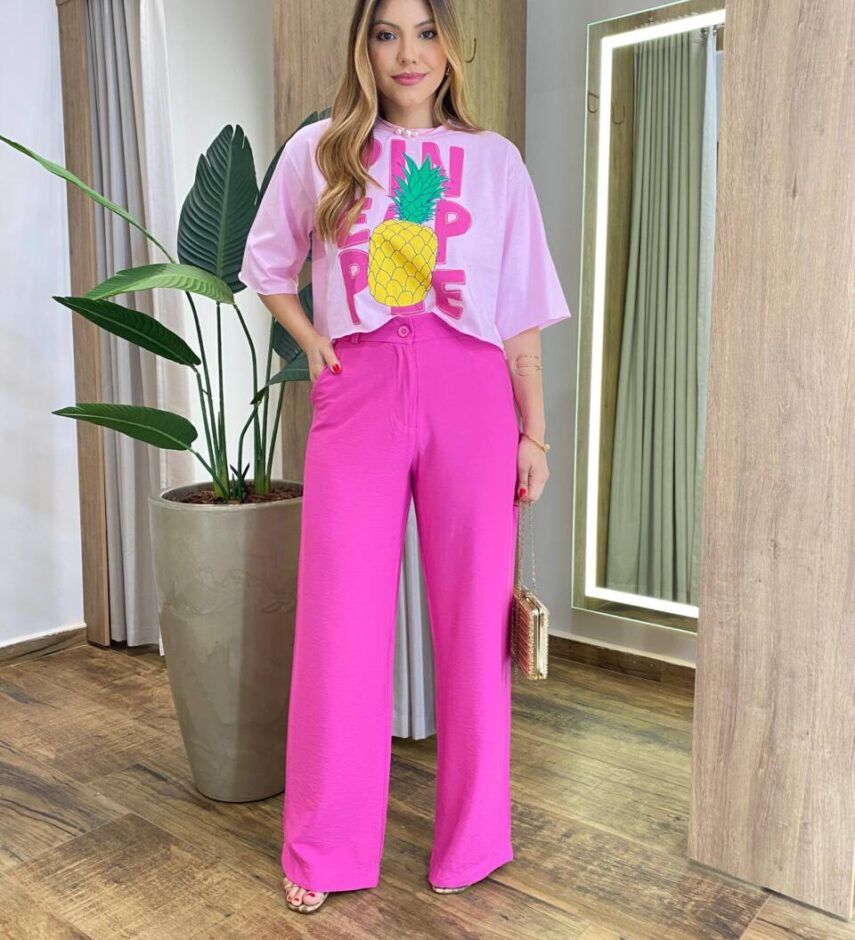 Cropped Feminino Manga Curta Aurora Estampado Rosa - Fernanda Ramos Store
