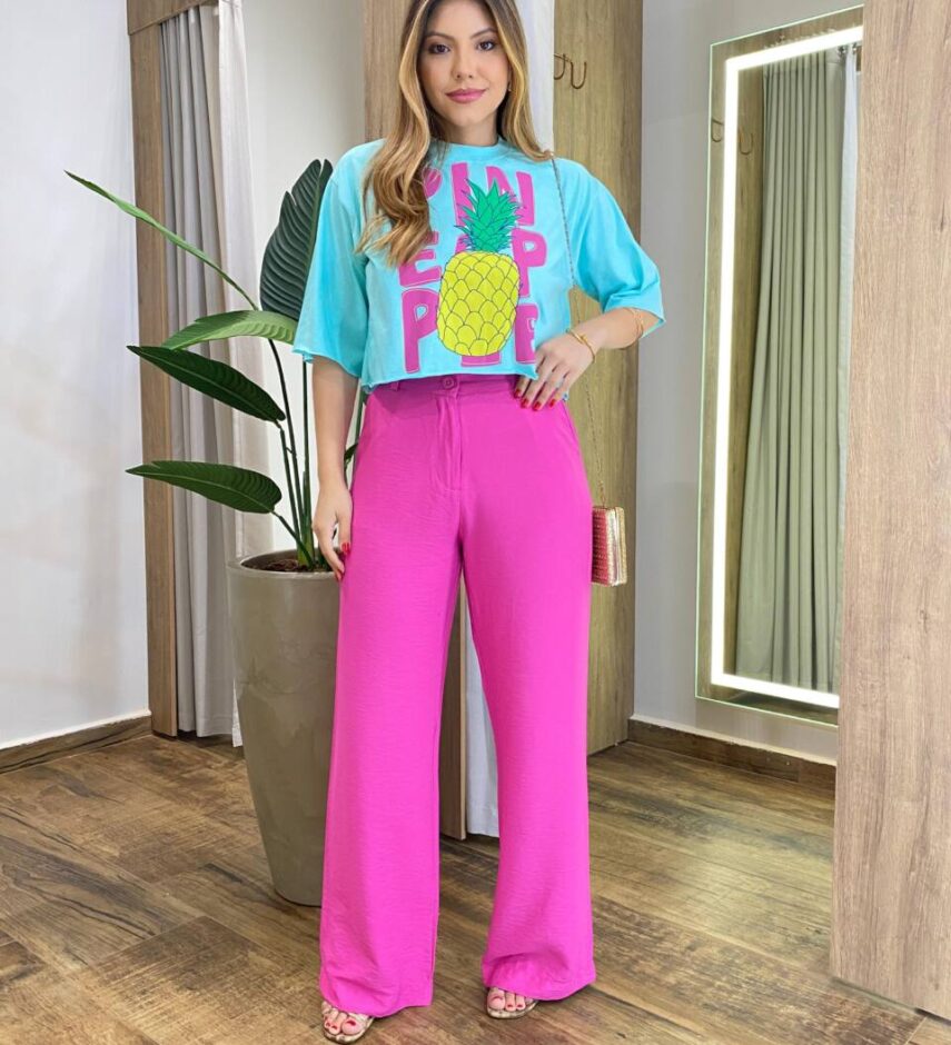 Cropped Feminino Manga Curta Aurora Estampado Verde Água - Fernanda Ramos Store
