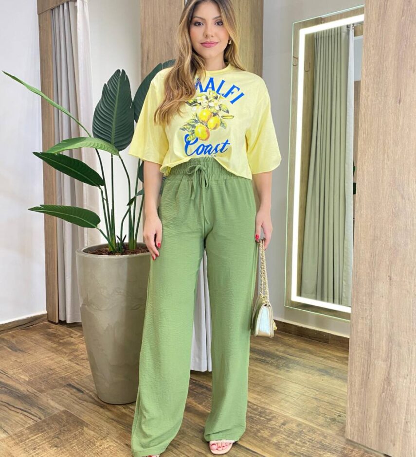 Cropped Feminino Manga Curta Pietra Estampado Amarelo - Fernanda Ramos Store