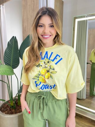 Cropped Feminino Manga Curta Pietra Estampado Amarelo - Fernanda Ramos Store