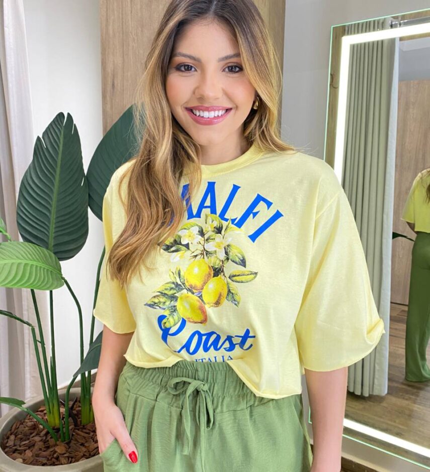 Cropped Feminino Manga Curta Pietra Estampado Amarelo - Fernanda Ramos Store