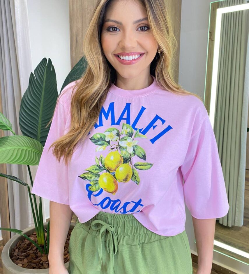 Cropped Feminino Manga Curta Pietra Estampado Rosa - Fernanda Ramos Store