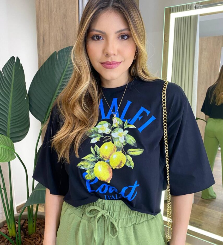 Cropped Feminino Manga Curta Pietra Estampado Preto - Fernanda Ramos Store