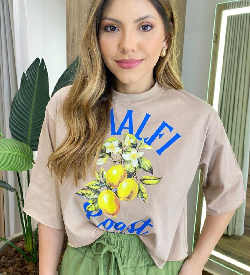 Cropped Feminino Manga Curta Pietra Estampado Bege - Fernanda Ramos Store