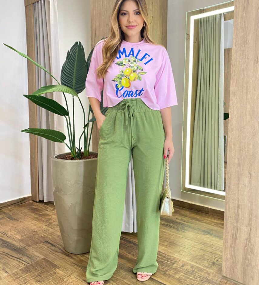 Cropped Feminino Manga Curta Pietra Estampado Rosa - Fernanda Ramos Store