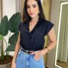 Cropped Feminino Muscle Cléo com Botões e Aplicações Preto - Fernanda Ramos Store