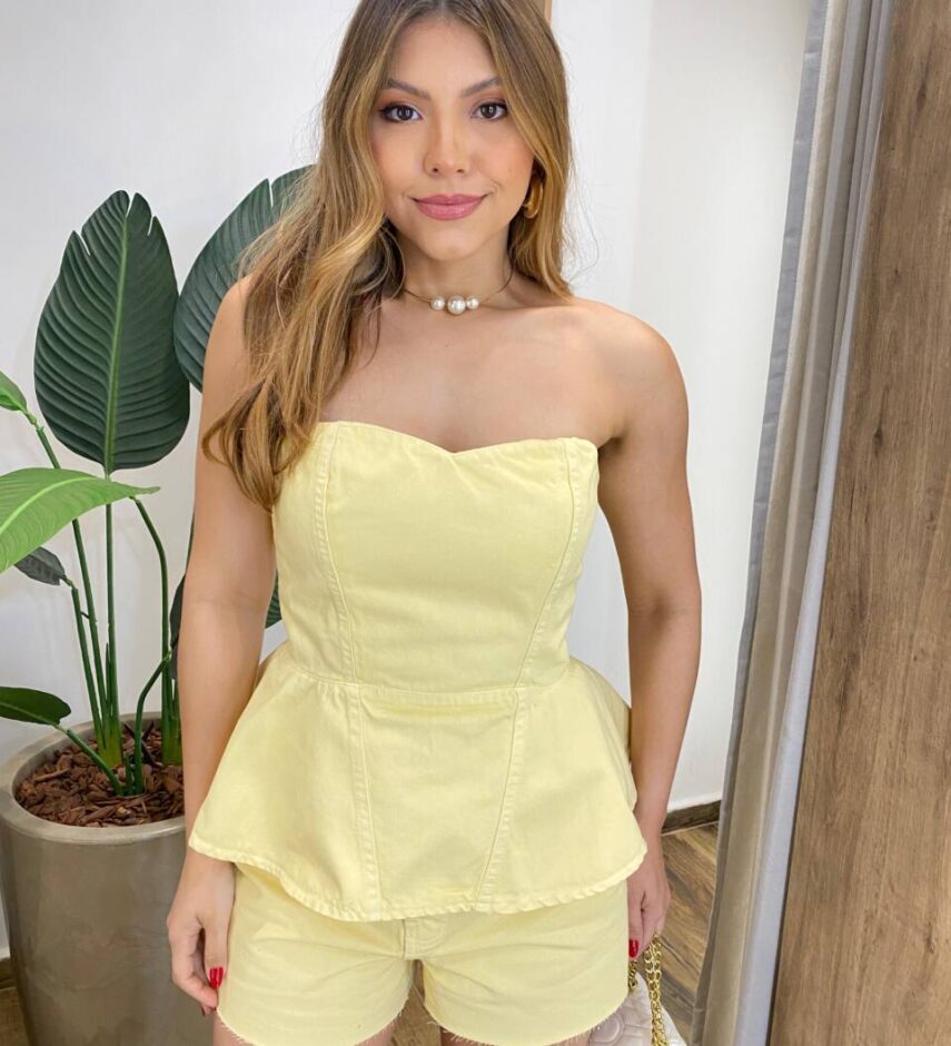 Cropped Feminino Peplum Myla Jeans sem Bojo com Zíper Atrás Amarelo - Fernanda Ramos Store