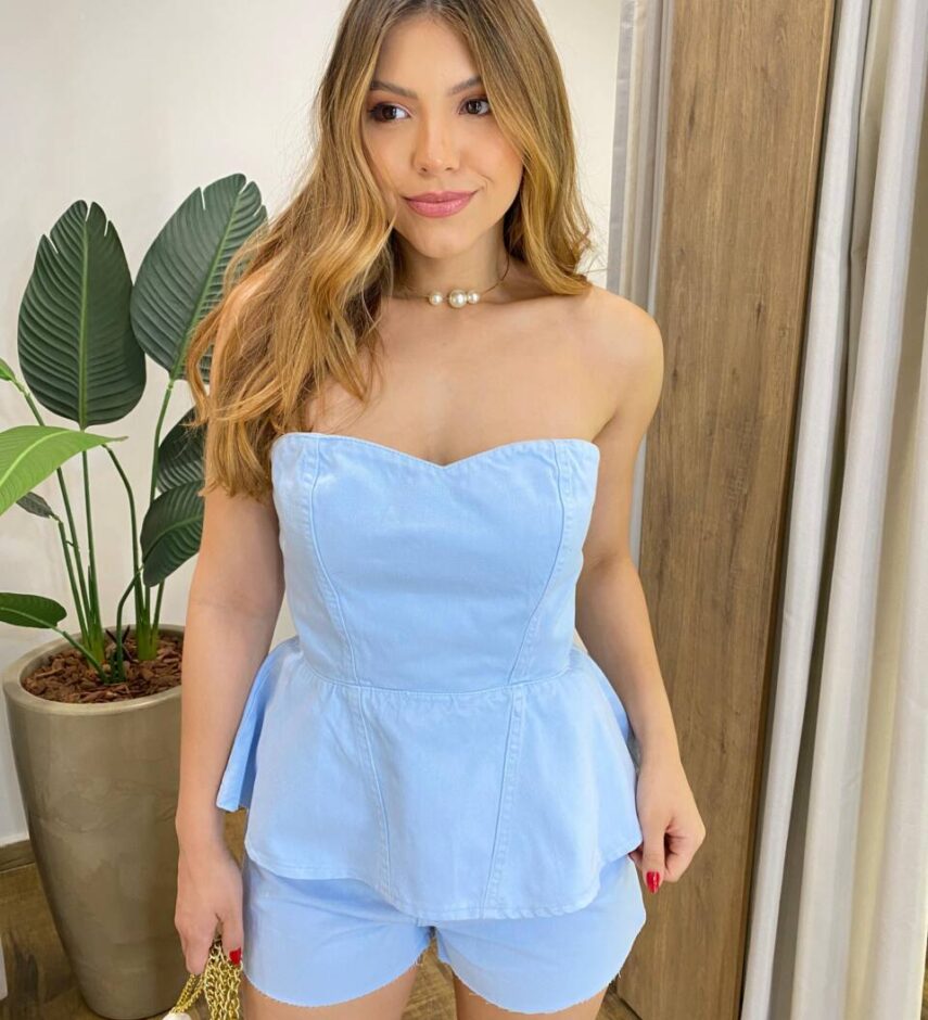 Cropped Feminino Peplum Myla Jeans sem Bojo com Zíper Atrás Azul - Fernanda Ramos Store
