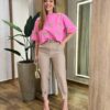 Cropped Oversized Feminino Manga Curta Rosa Estampado - Fernanda Ramos Store