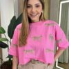 Cropped Oversized Feminino Manga Curta Rosa Estampado - Fernanda Ramos Store