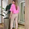 Cropped Oversized Feminino Manga Curta Rosa Estampado - Fernanda Ramos Store