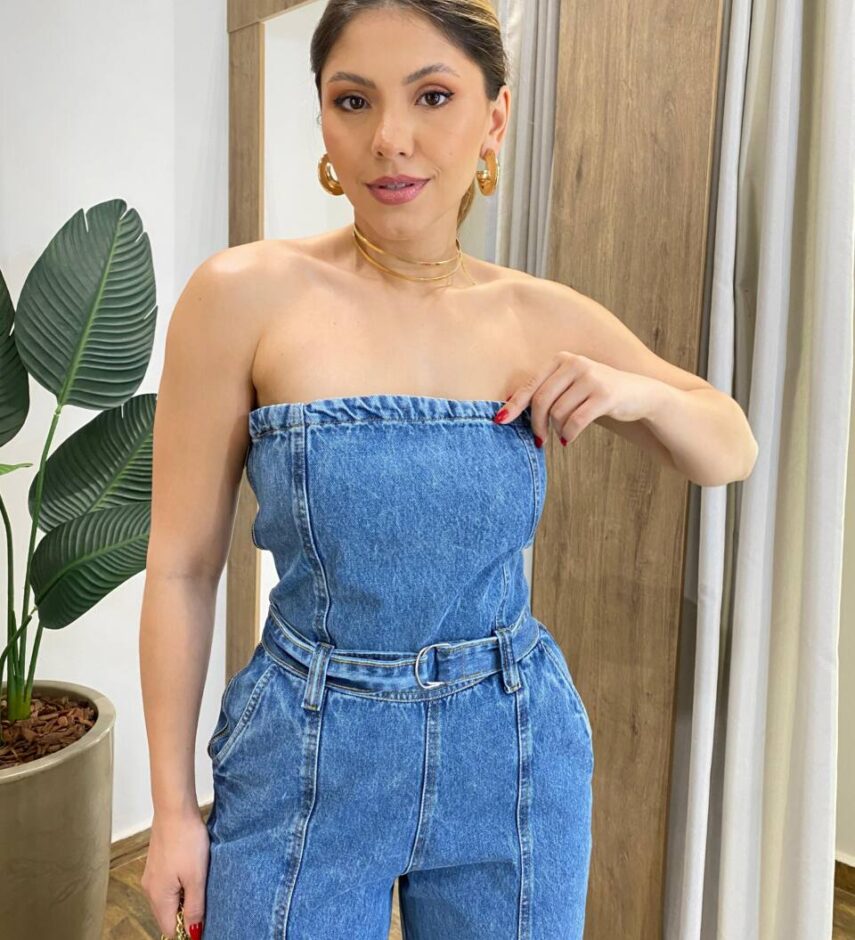 Macacão Feminino Longo Cargo Tomara Que Caia Jeans com Amarração - Fernanda Ramos Store