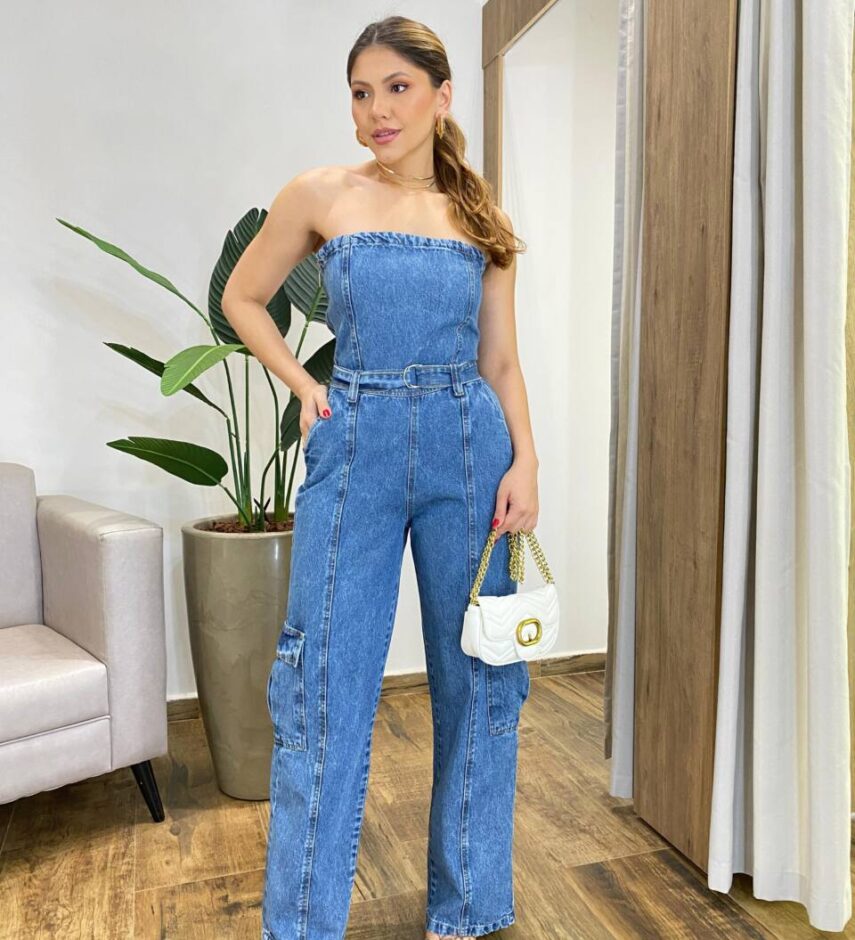 Macacão Feminino Longo Cargo Tomara Que Caia Jeans com Amarração - Fernanda Ramos Store