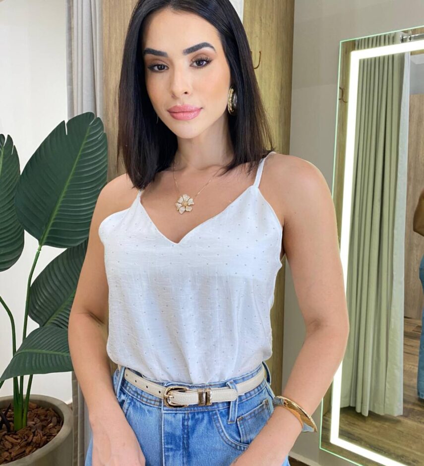 Regata Feminina Amélia com Aplicações em Strass Branca - Fernanda Ramos Store