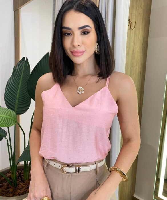 Regata Feminina Amélia com Aplicações em Strass Rosa - Fernanda Ramos Store