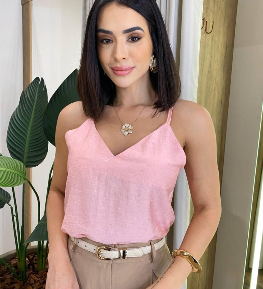 Regata Feminina Amélia com Aplicações em Strass Rosa - Fernanda Ramos Store