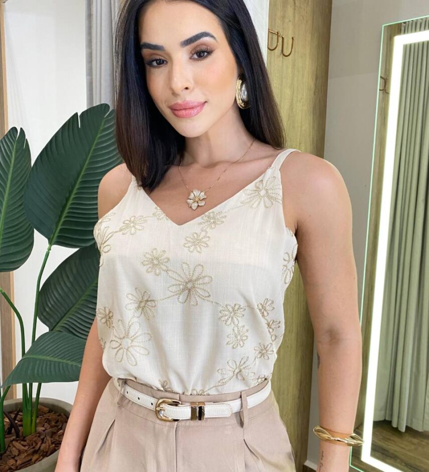 Regata Feminina Júlia Bordada sem Bojo com Alça Regulável Bege - Fernanda Ramos Store