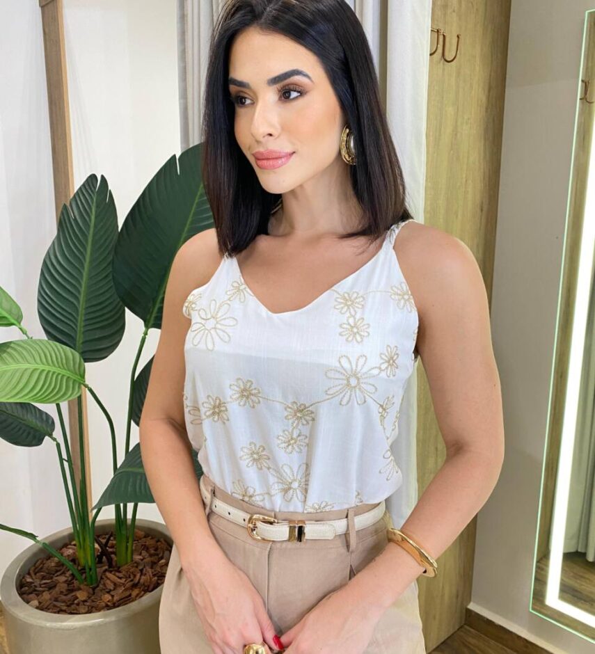 Regata Feminina Júlia Bordada sem Bojo com Alça Regulável Branca - Fernanda Ramos Store