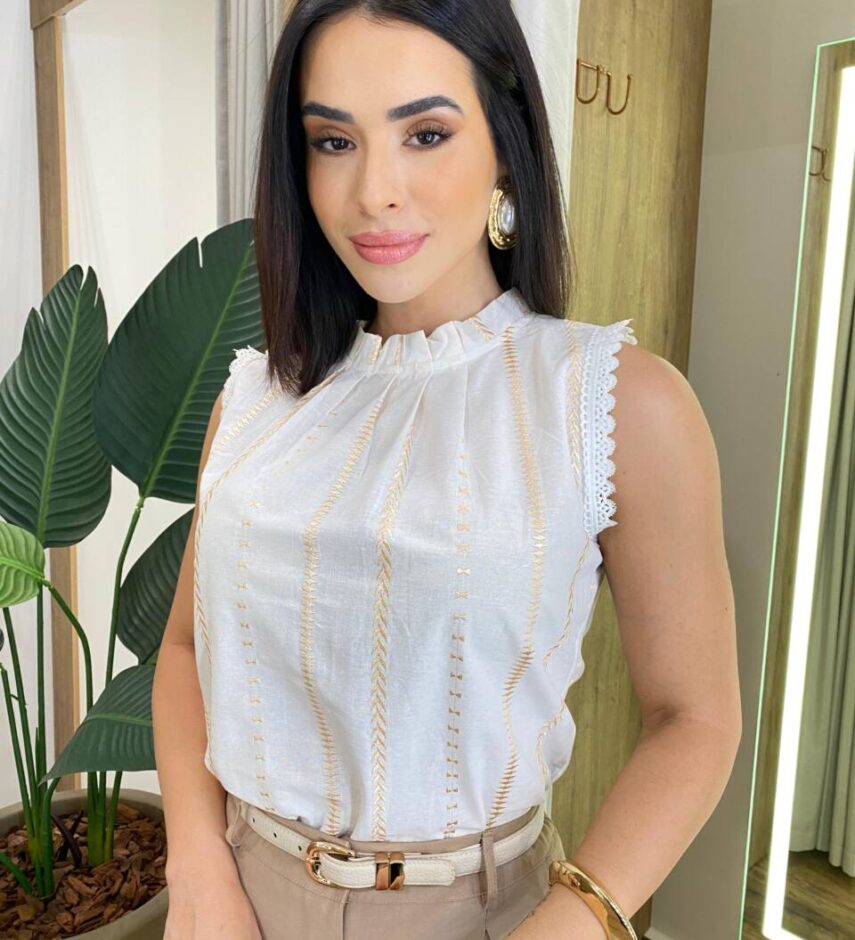 Regata Feminina Virgínia Bordada com Detalhe em Guipir Branca - Fernanda Ramos Store