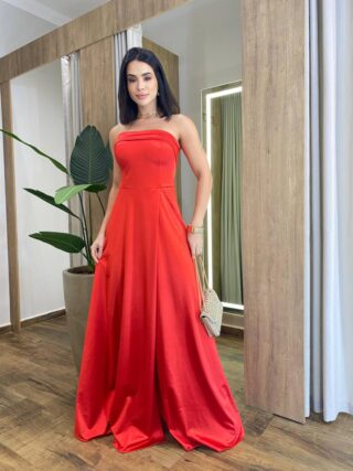 Vestido Feminino Longo Giselle com Bojo e Fenda Zíper Atrás Vermelho - Fernanda Ramos Store