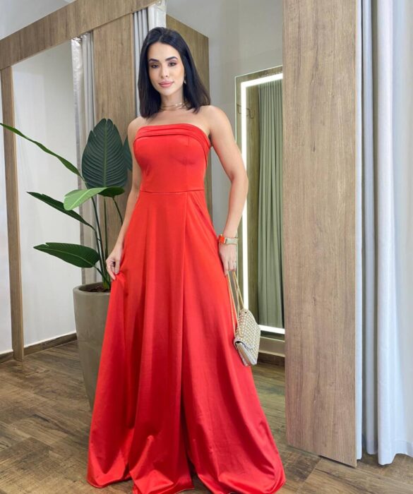 Vestido Feminino Longo Giselle com Bojo e Fenda Zíper Atrás Vermelho - Fernanda Ramos Store