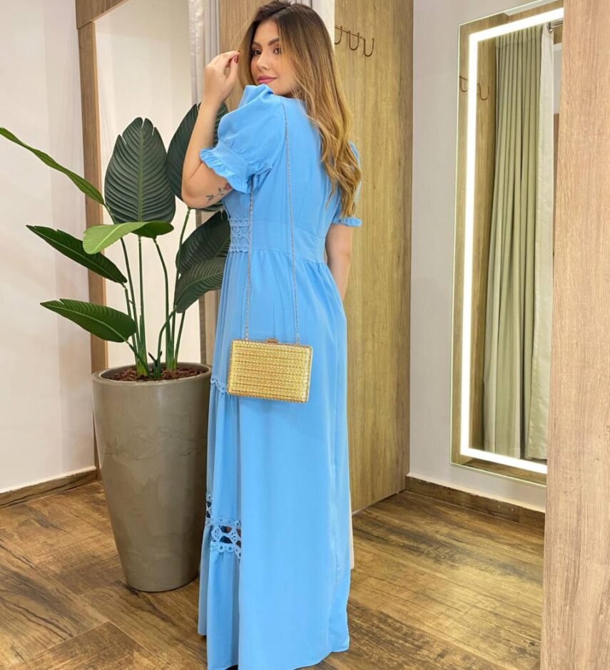 Vestido Feminino Longo Any Manga Princesa com Bojo Azul - Fernanda Ramos Store