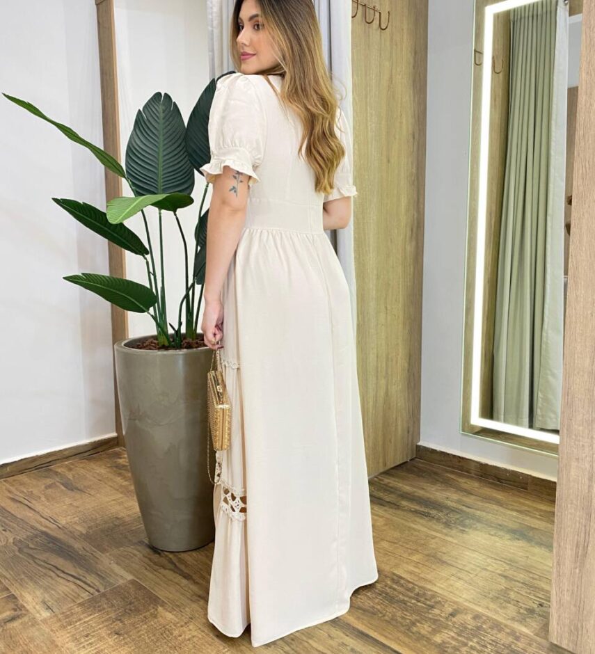 Vestido Feminino Longo Any Manga Princesa com Bojo Bege - Fernanda Ramos Store